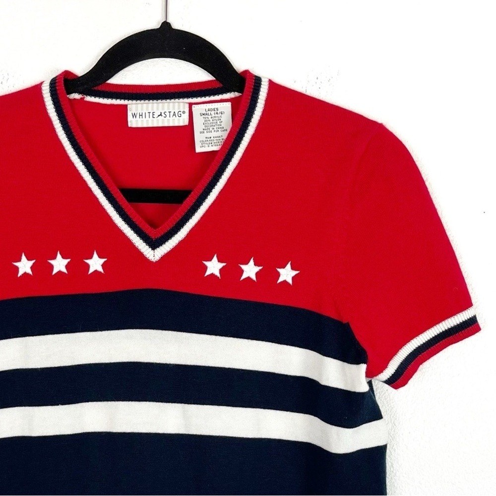 Vintage V-Neck Sweater Top Small Red Blue Short Sleeve Stars Stripes 90s Y2K - Picture 4 of 9